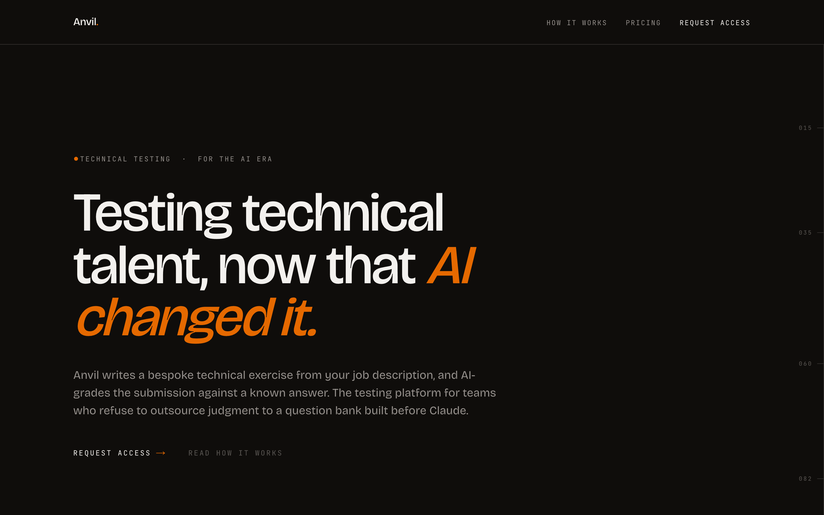 The Anvil home page: a headline reading “Testing technical talent, now that AI changed it” set in warm white and hot orange on near-black.
