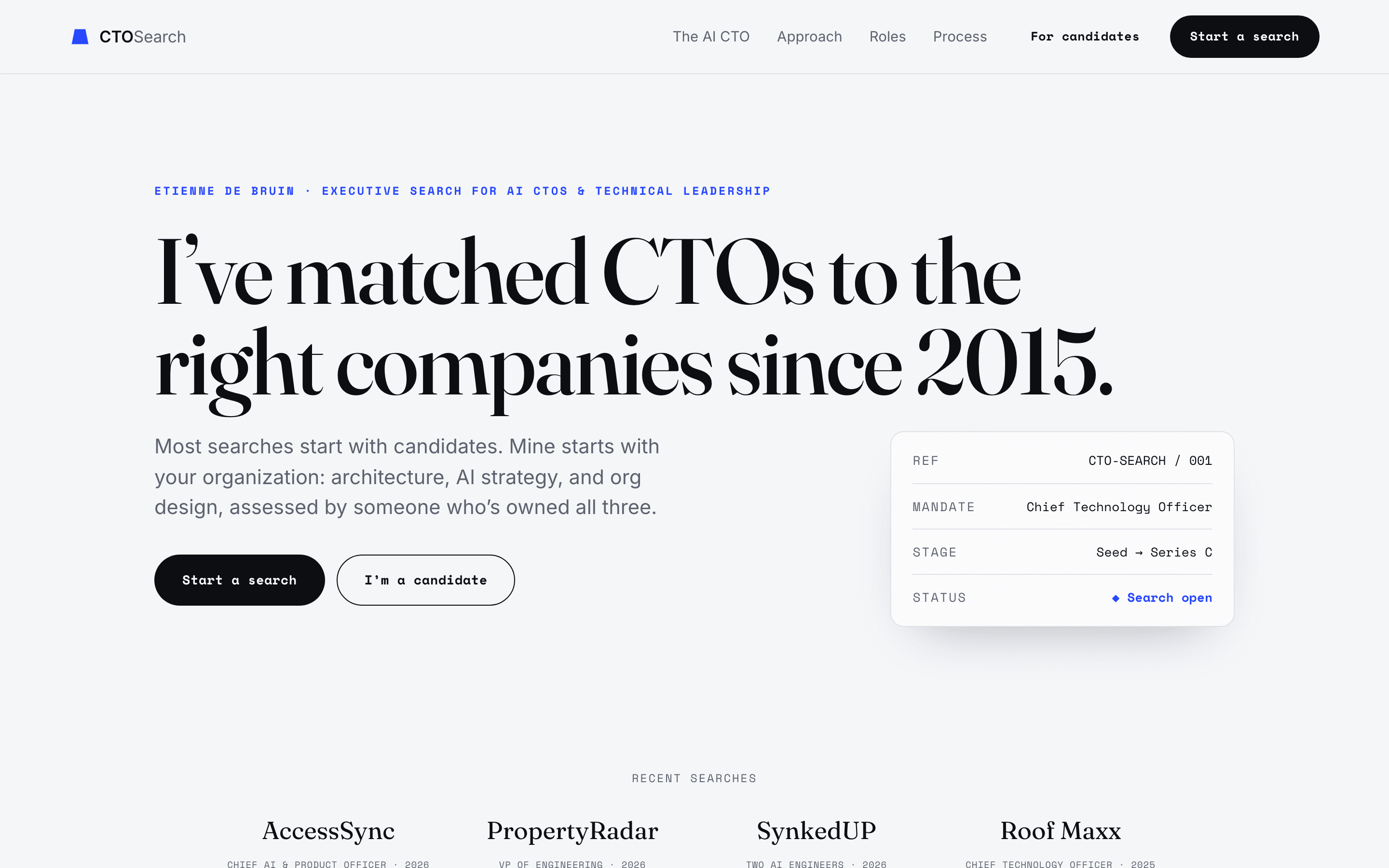 The CTO Search home page: a serif headline reading “I've matched CTOs to the right companies since 2015” beside an open search brief.